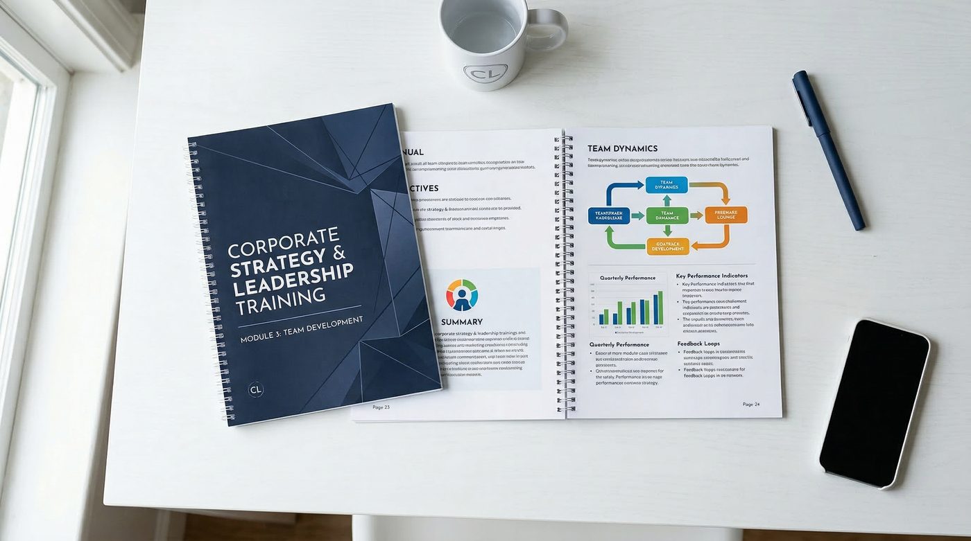 Open full-color corporate training manual on a clean desk